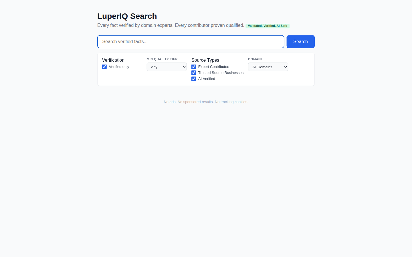 LuperIQ Search landing page with search bar and filters