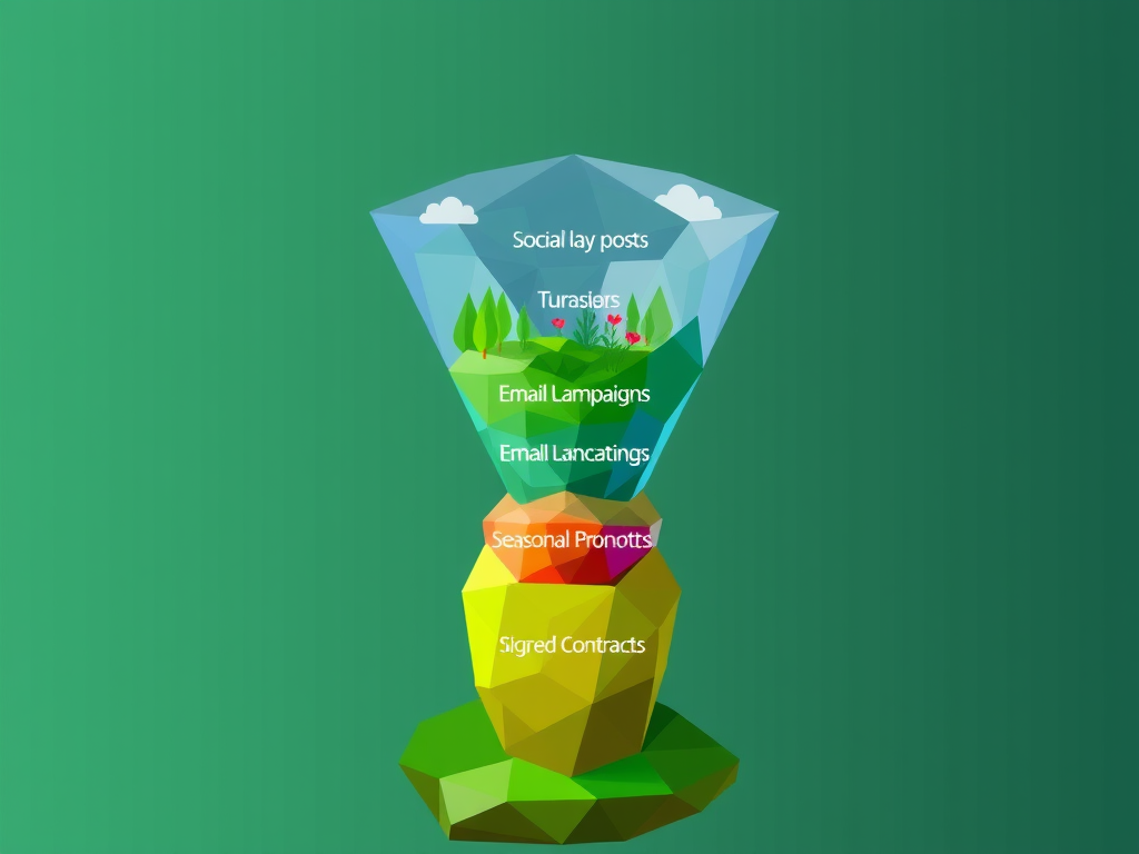 Low-poly geometric illustration of a landscaping marketing funnel from search to signed contracts
