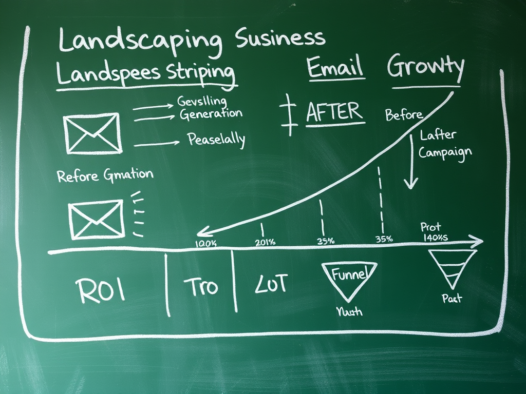 Chalkboard growth strategy diagram for landscaping marketing with conversion metrics